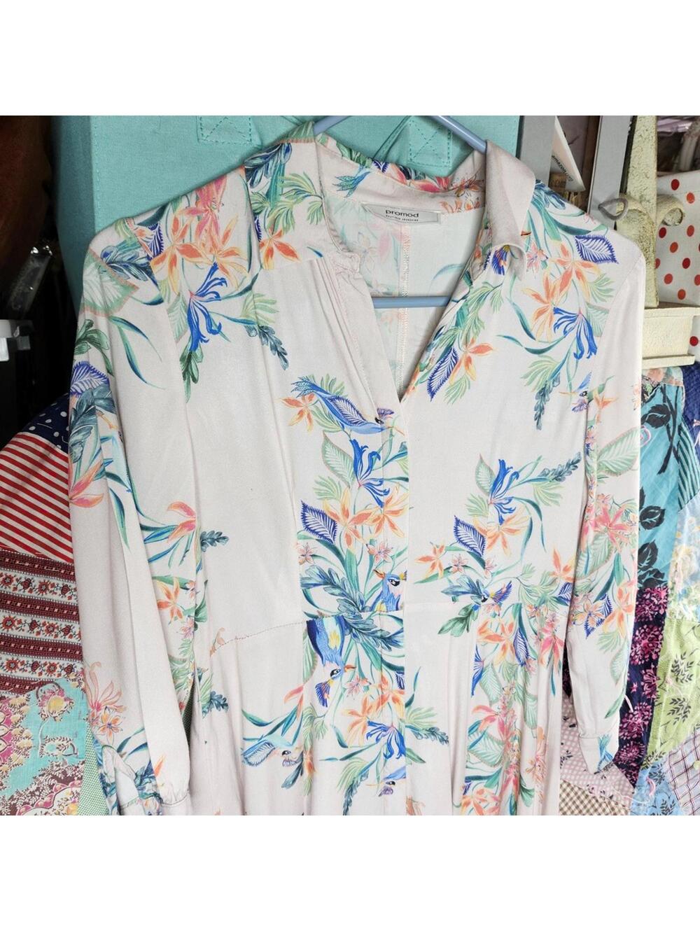Promod Floral Print Maxi Dress Long Sleeve Button Down Shirt Dress Small